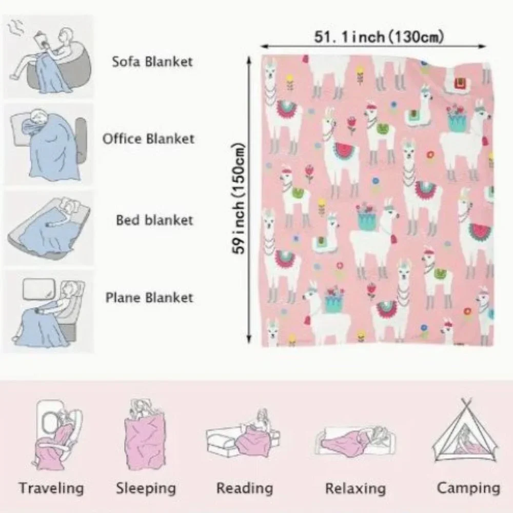 Cartoon Llama Alpaca Pink Flannel Blanket Soft Plush Throw Animals Girls Bedroom - Picture 4 of 4